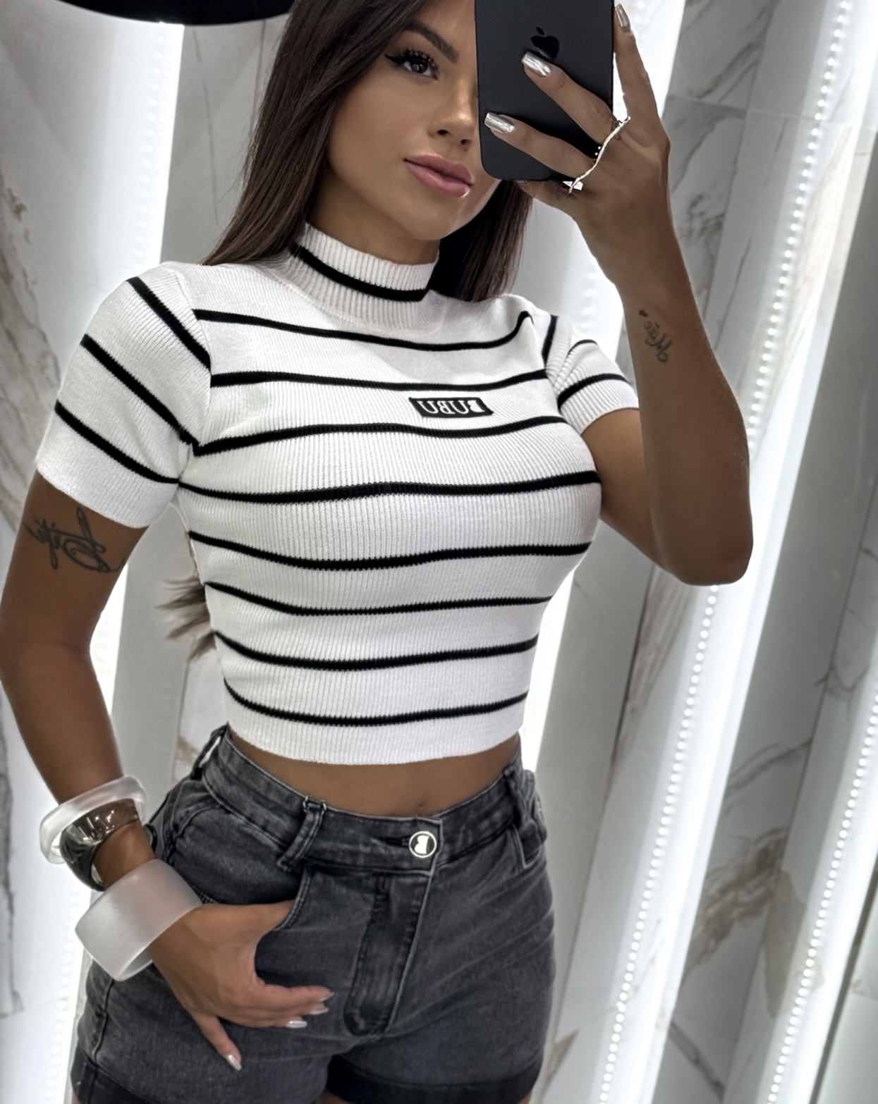 MYBUBU CROPPED TRICOT LISTRADO MEIA GOLA